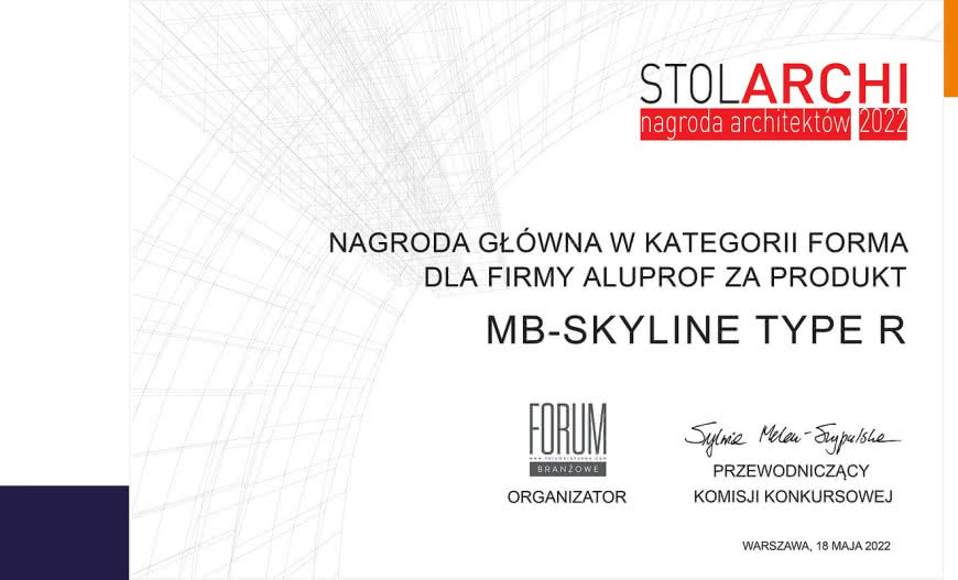 Nagroda Stol Archi 2022 dla systemu MB-Skyline Type R od Aluprof